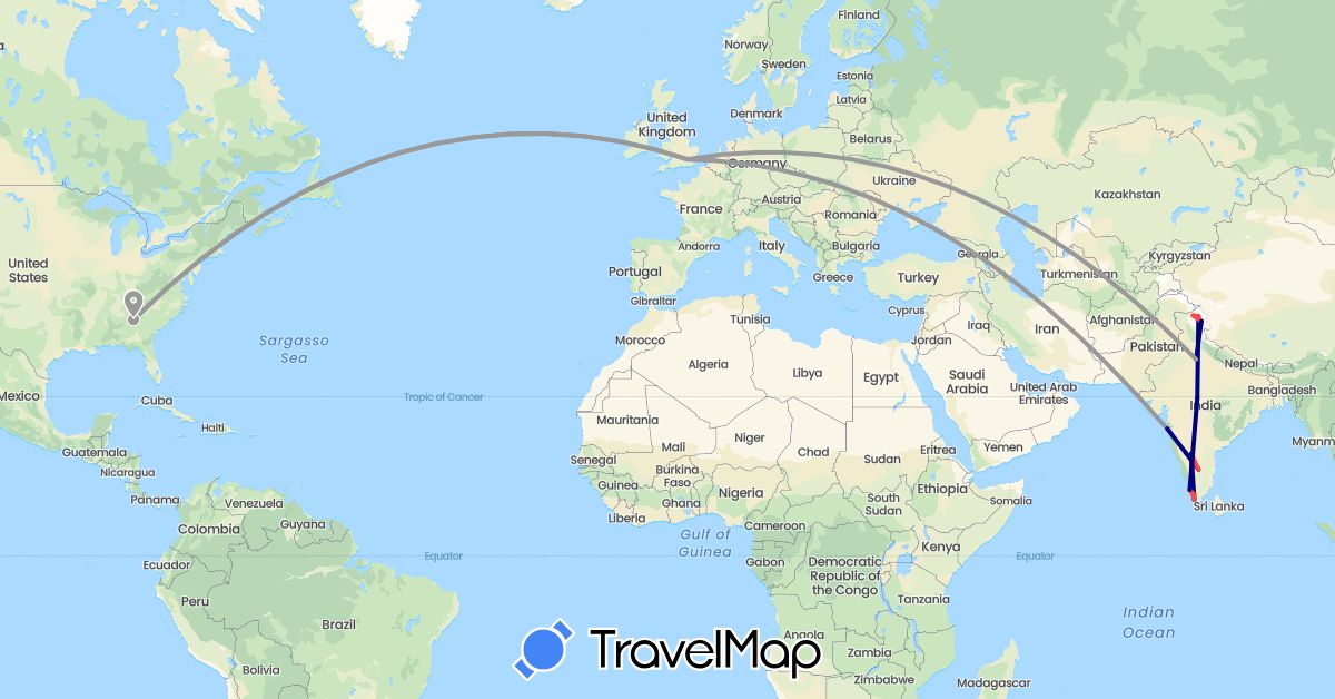 TravelMap itinerary: driving, plane, hiking in United Kingdom, India, United States (Asia, Europe, North America)